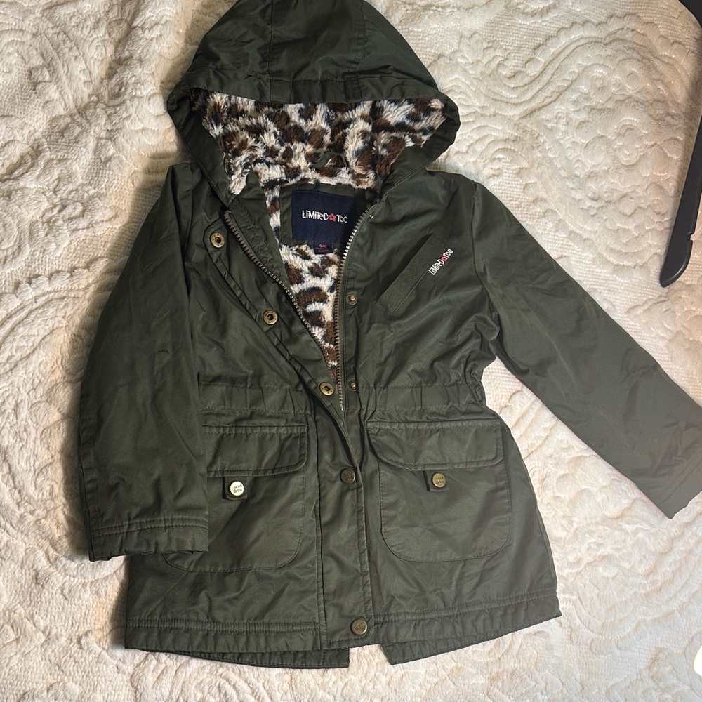 Limited Too Olive Green Parks/Raincoat with furry Leopard Lining sz 5/6